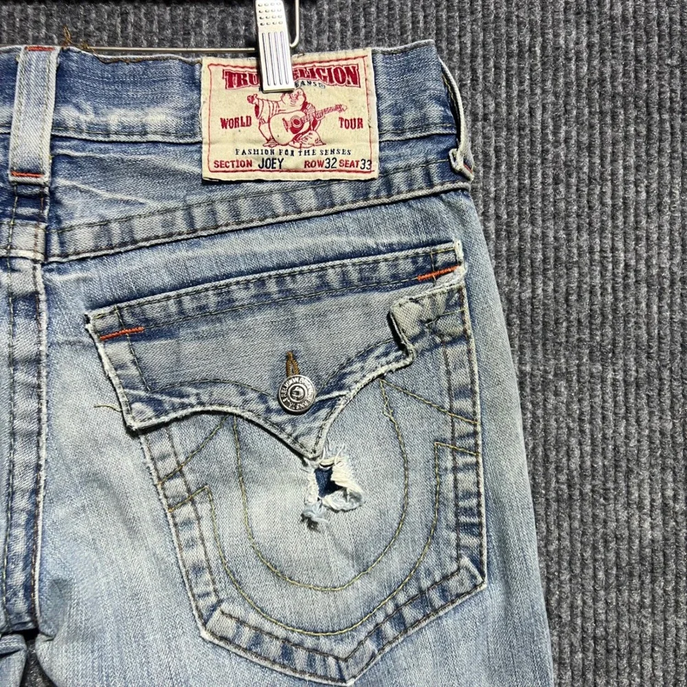 True Religion Joey Jeans Mens 32 Blue Distressed Flare Twisted Seam Made in USA